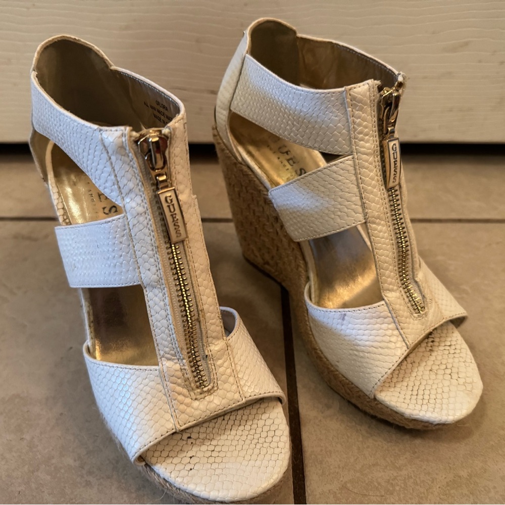 Guess White Platform Sandals with Gold Zipper